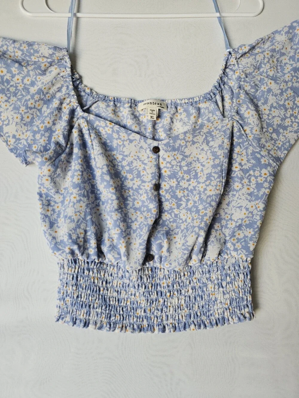 Monteau Blue Floral Smocked Crop Top Off The Shoulder XL